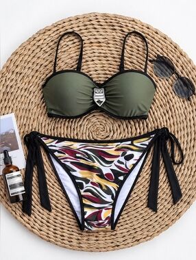 Green Black Bikini Set Side Tie Bottom Two Piece Swimsuit